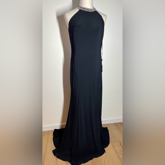 Mac Duggal 25572 | Black Beaded Rhinestone Halter Jersey Gown | Women’s 12 - Picture 4 of 11